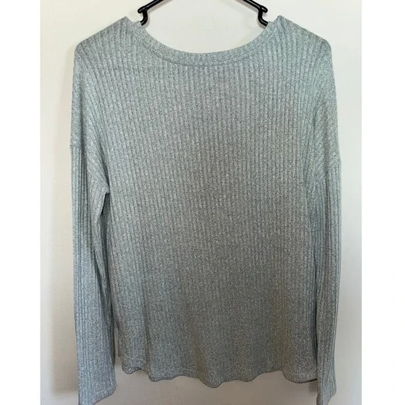 American Eagle Soft & Sexy Rib V-Neck Long Sleeve Top Grey/Teal Green Large - Picture 2 of 4